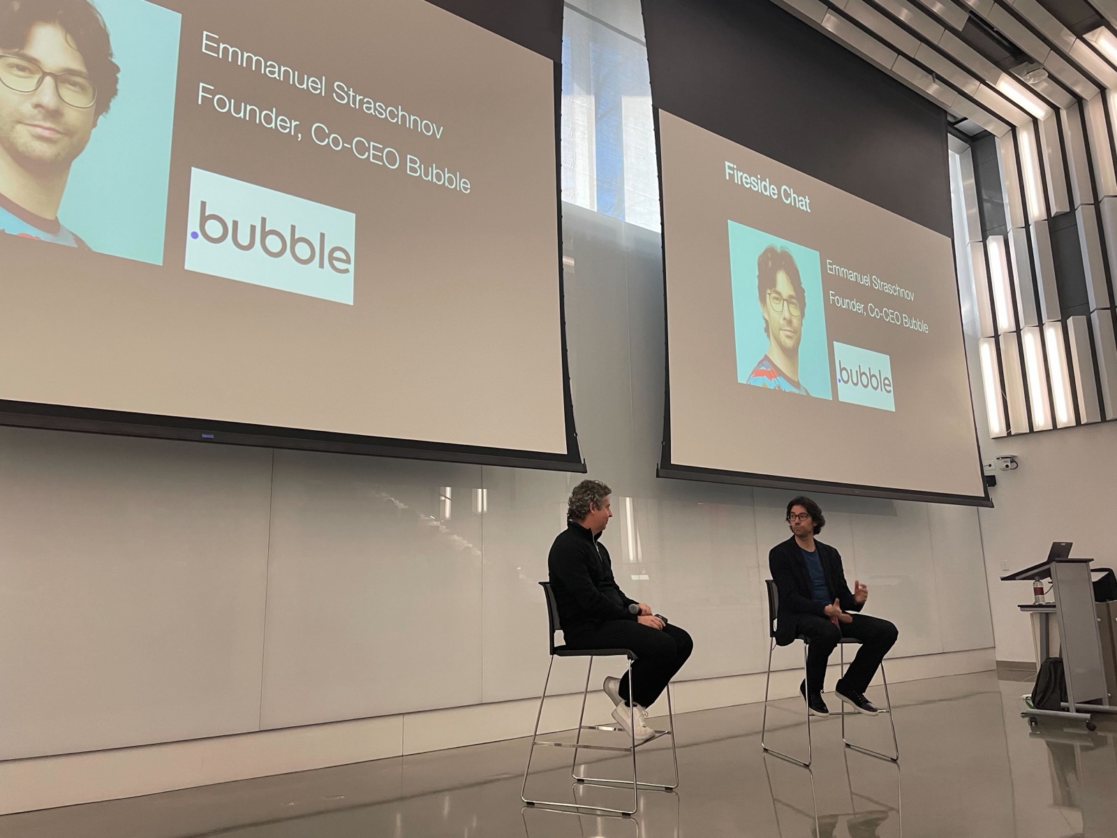 Alberto in a fireside chat on a Cornell stage