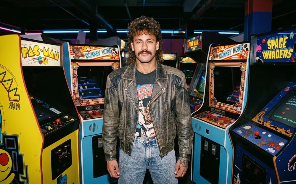 AI-generated portrait of a man with a mullet and leather jacket in a 1980s American arcade