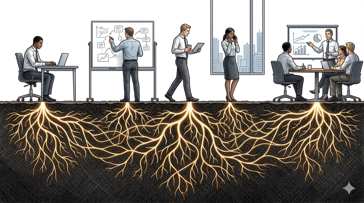 Illustration of knowledge workers standing on ground whose roots glow underneath, representing expertise